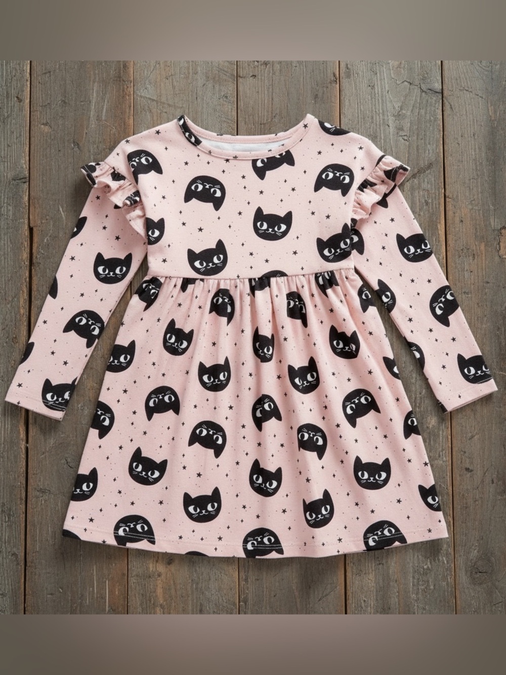 Cat & Jack Black Cat Print Fit & Flare Knee Length
Ruffle Long Sleeve Dress 5T